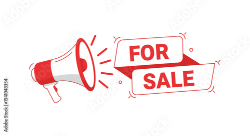 FOR SALE. Megaphone announcement banner for advertising and promotion. Red and white vector illustration for marketing and sales.
