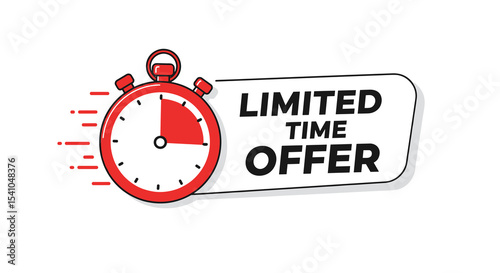 LIMITED TIME OFFER. Promotional banner with a red stopwatch icon indicating a special sale or discount. Concept of urgency and deadline for a marketing campaign.