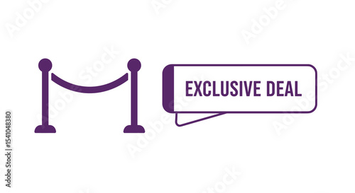 EXCLUSIVE DEAL. Vector illustration of a purple velvet rope and a speech bubble tag. Concept for special offer, VIP access, promotion, and limited time sale.