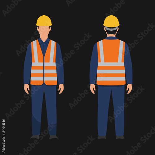 Male Construction Worker in Yellow Hard Hat and Orange Reflective Safety Vest. Front and Back View of Industrial Laborer in Uniform. Flat Vector Illustration.