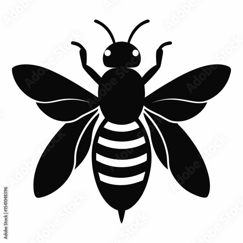Black and white vector illustration of a bee with striped abdomen