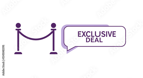 EXCLUSIVE DEAL text in a speech bubble next to a purple velvet rope barrier icon. Concept of VIP access, special offer, and limited promotion for members only.