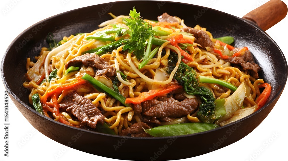 A sizzling pan filled with flavorful stir-fried noodles, tender meat, and vibrant vegetables, making it an appealing and balanced dish. A sizzling pan filled with flavorful stir-fried noodles, tender meat, and vibrant vegetables, making it an appealing and balanced dish.