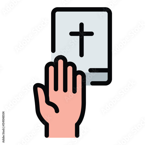 Swearing an oath icon flat line style illustration representing formal declarations and legal affirmations, suitable for courtroom, legal, and governmental-related projects