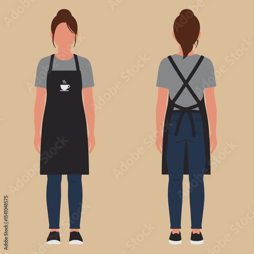 Coffee Cup Logo on Black Apron. Young Woman Barista or Waitress in Uniform, Showing Front and Back Views. Flat Vector Illustration for Cafe or Service Industry.