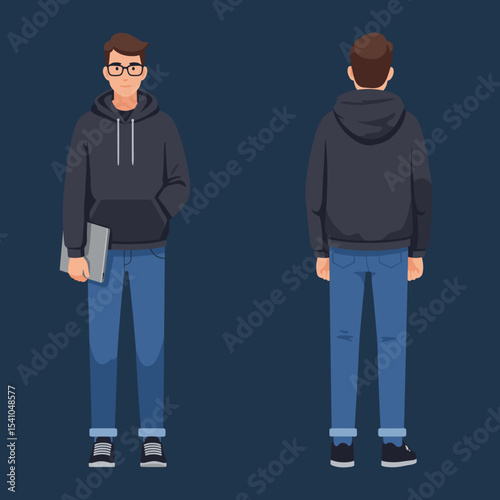 Young Man in Dark Hoodie and Blue Jeans Holding Laptop. Front and Back View of Casual Student Character. Vector Illustration for Modern Youth and Technology Concepts.