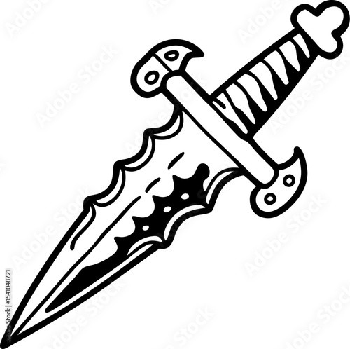 Black and white decorative dagger design with classic ornamental style on a white background perfect for tattoo or illustration use