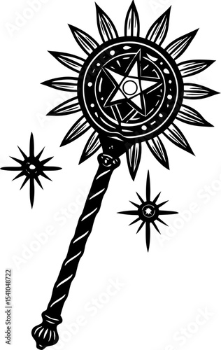 Black and white celestial staff illustration of a magic wand featuring a star and sunburst design with abstract star elements