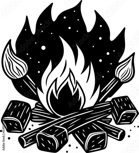 Artistic black and white illustration of a campfire with flames and firewood burning and two paintbrushes in a creative design