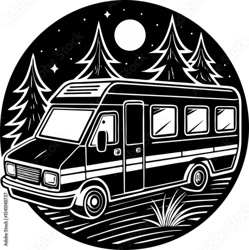 Black and white illustration of a camper van parked beneath a starlit night sky surrounded by pine trees perfect for travel adventures and outdoor activities.