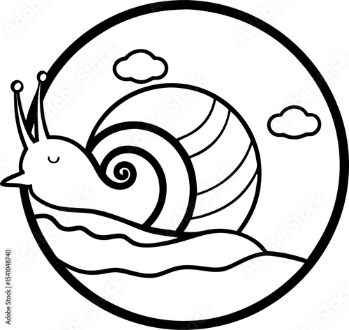Black and white illustration of a cheerful snail with two clouds in a circular frame perfect for coloring pages