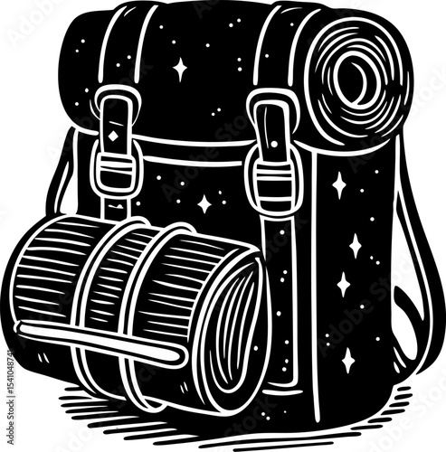 Black and white illustration of a camping backpack with a rolled sleeping bag and starry night sky elements perfect for adventure travel and outdoor themes.