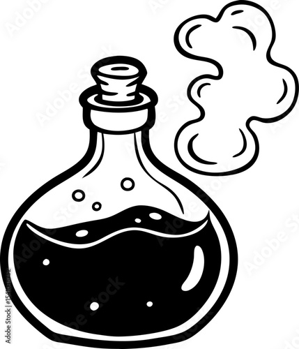 Black and white illustration of a laboratory flask containing a dark liquid and vapor cloud depicting chemistry experiment science or potion concept
