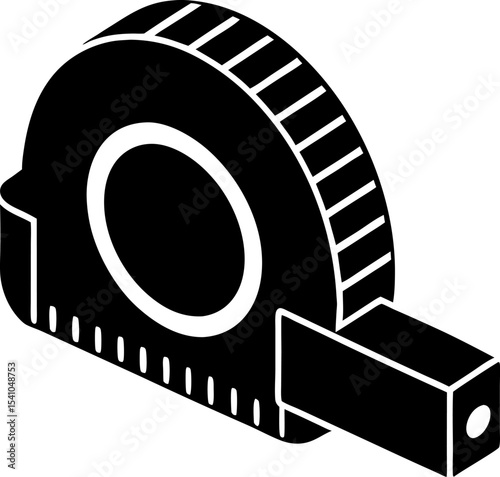 Black and white illustration of a tape measure tool commonly used in construction and engineering measuring and dimensioning objects for accurate design.