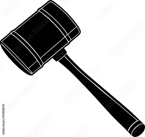 Black and white illustration of a classic wooden judge's gavel symbolizing law justice and court proceedings on a clean white background