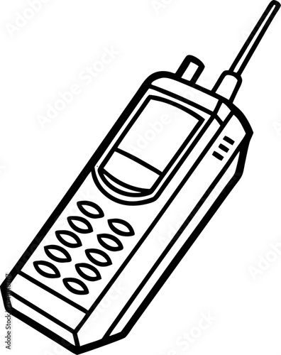 Black and white line art illustration of a portable handheld walkie talkie radio communication device with antenna