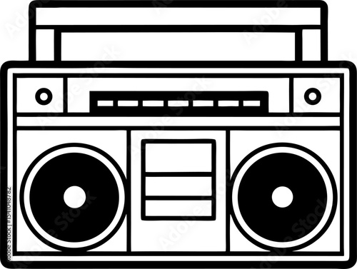 Black and white vector illustration of a classic retro boombox for music and audio entertainment designs