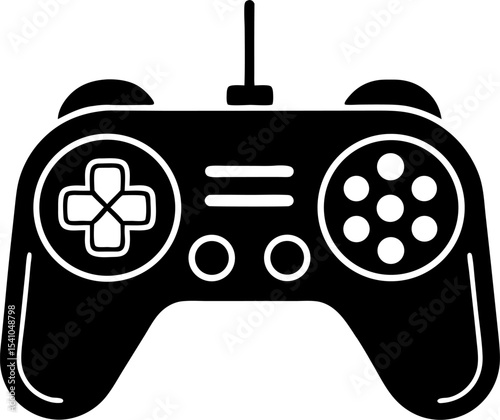 Black and white vector illustration of a retro game controller representing gaming entertainment and digital design