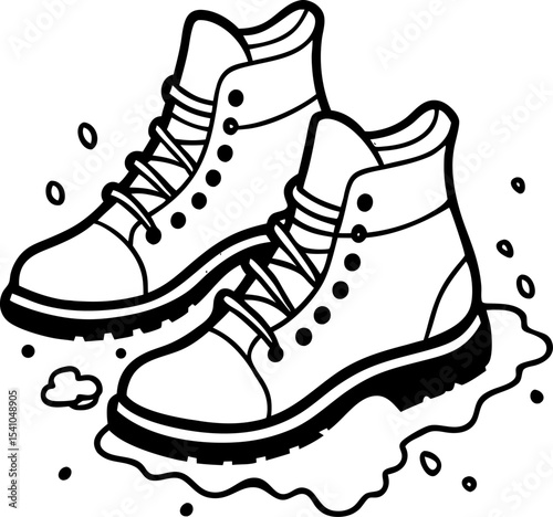 Hand drawn black and white hiking boots pair depicting outdoor adventure and exploration concept suitable for outdoor and travel themed designs