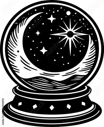 Enchanting black and white crystal ball illustration featuring moon stars and celestial elements