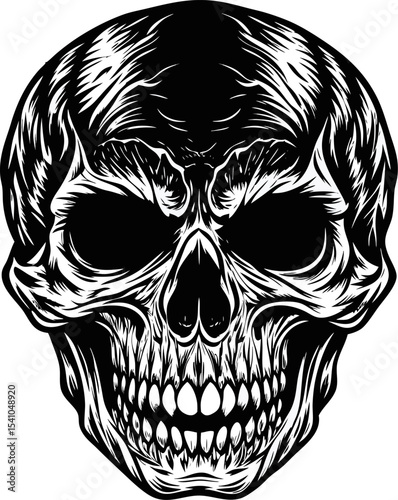 Intricately detailed vector illustration of a human skull in black and white featuring a creepy and gothic design suitable for apparel decoration