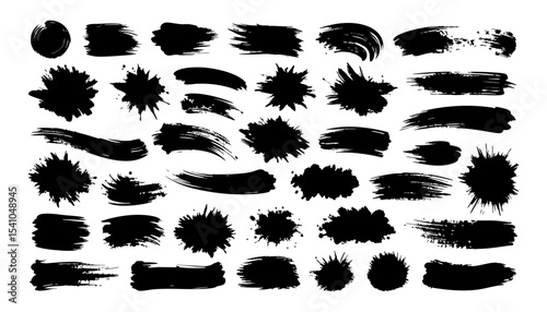 Collection of Black Ink Brush Strokes and Splatter Textures for Design Projects