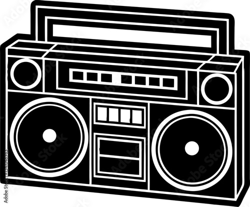 Retro boombox vector illustration in black and white depicting classic audio technology from the 80s and 90s ideal for music and nostalgia