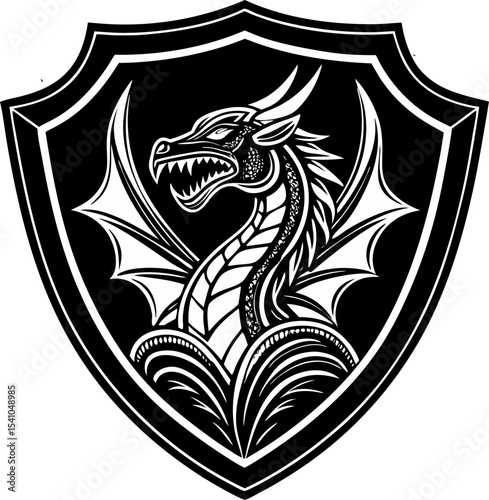 Powerful dragon crest design shield shape emblem in black and white detailed illustration for fantasy heraldry and logos