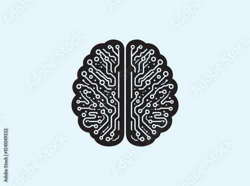 Solid black brain outline fused with processor circuitry and tech nodes, symbolizing the concept of AI, deep learning, and cognitive computing