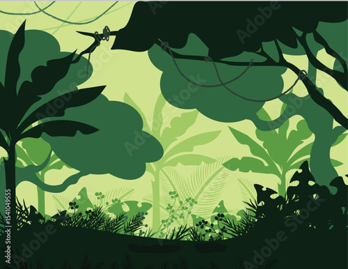 Green Jungle Silhouette Vector Background in Tropical Forest Style