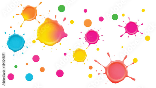 Colorful, abstract, and vibrant paint splatters in a circular pattern on a white background. Vector illustration of multicolor paint splashes.