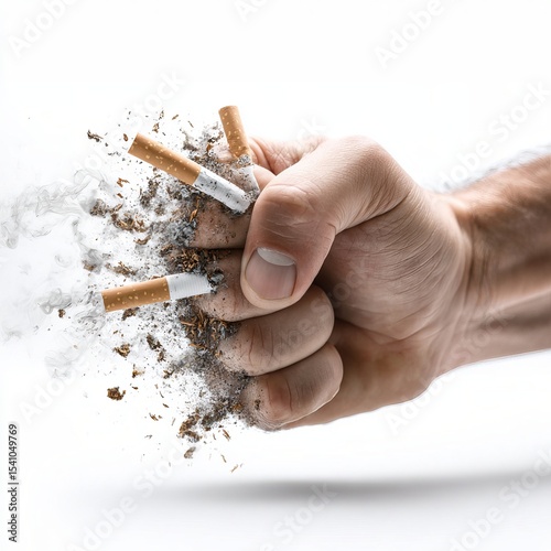 Symbol of overcoming an addiction, as a hand crushes cigarettes into pieces. A powerful image that embodies the fight against harmful habits.