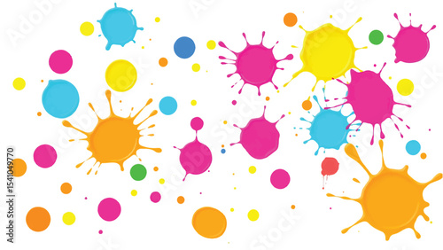 Colorful, abstract, and vibrant paint splatters in a circular pattern on a white background. Vector illustration of multicolor paint splashes.