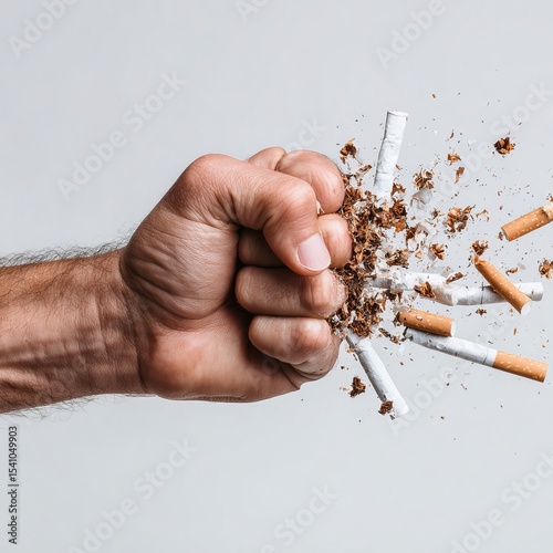 The powerful fist smashes the cigarette, symbolizing the end of addiction