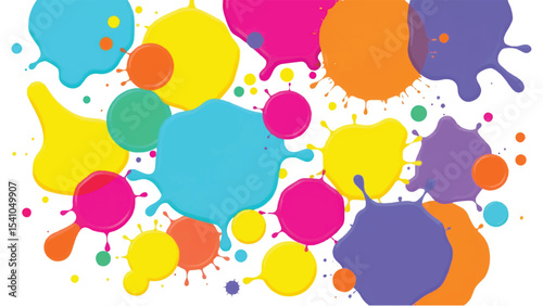 Colorful, abstract, and vibrant paint splatters in a circular pattern on a white background. Vector illustration of multicolor paint splashes.