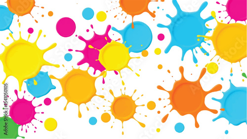 Colorful, abstract, and vibrant paint splatters in a circular pattern on a white background. Vector illustration of multicolor paint splashes.