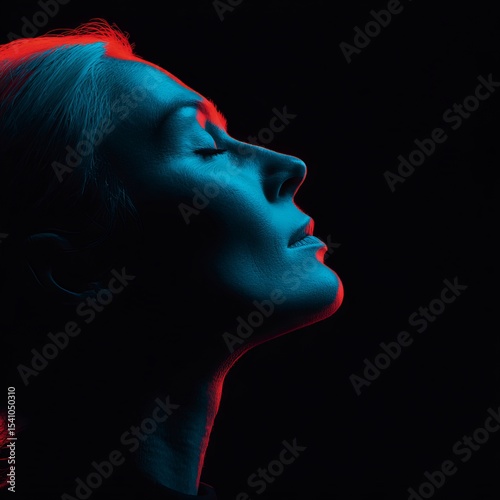 A captivating portrait of a woman with her eyes closed, bathed in dramatic blue and red light