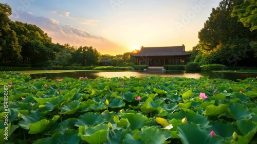 Serene lotus pond with green leaves and pink flowers, traditional Asian pavilion by tranquil water, lush trees, sunset sky, peaceful garden, summer landscape, natural beauty, calm atmosphere