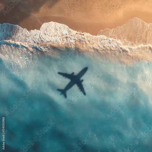 Aerial view of a plane flying over the sea and sandy beach. A stunning scenery from above