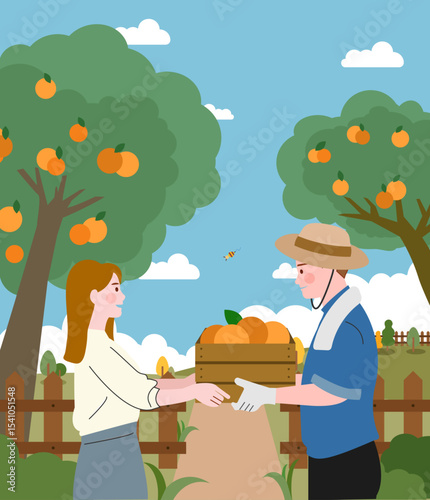 Farmer selling to consumer in orchard