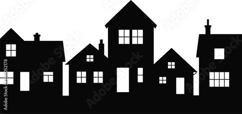 Silhouette of houses with windows and chimneys on a white background
