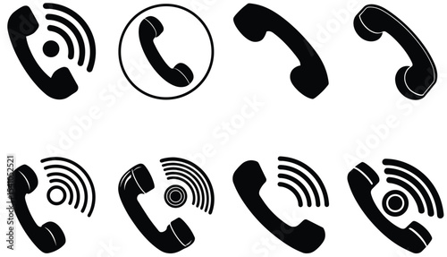 Eight Black Silhouette Icons of Retro Telephones with and without Incoming Call Signal Waves