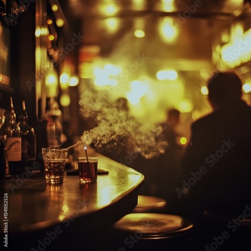 A smoky jazz bar with a patron smoking at a table