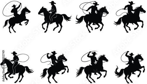 Eight Black Silhouettes of Cowboys Riding Horses Lassoing White Background rope