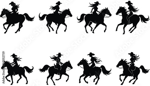 Eight Black Silhouettes of Cowgirls Riding Horses Galloping Dynamic Poses Western Theme