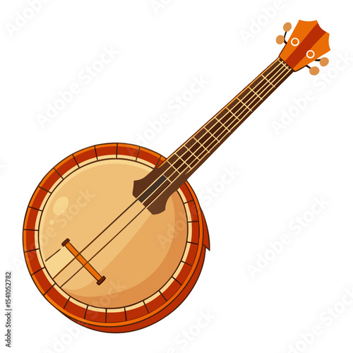 A colorful cartoon illustration of a banjo with a light brown body, orange rim, and dark brown neck, against a white background.