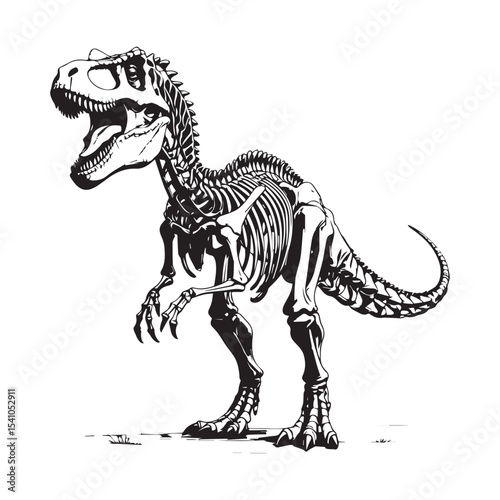 Tyrannosaurus Rex Skeleton Illustration in Black and White Depicting Prehistoric Paleontology and Extinct Species Anatomy for Educational or