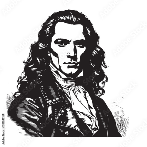 Photos Black and white portrait of a man with long hair wearing a jacket and ascot in a