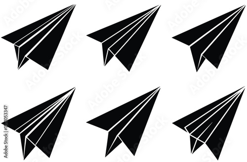 Six Black Paper Airplane Icons Set Flight Travel Journey Origami Style Graphic Design Elements