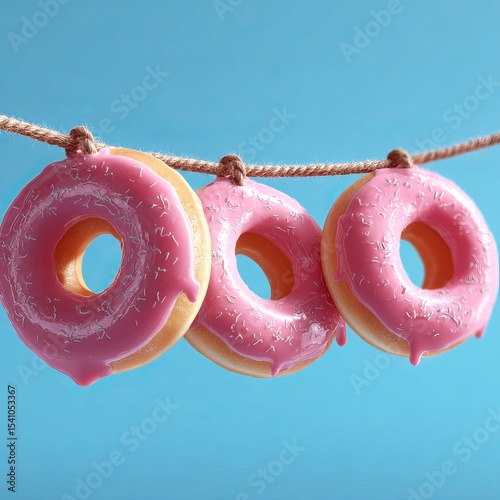 Three appetizing donuts hanging from a rope. The donuts are adorned with pink frosting and are hanging against a plain blue background.